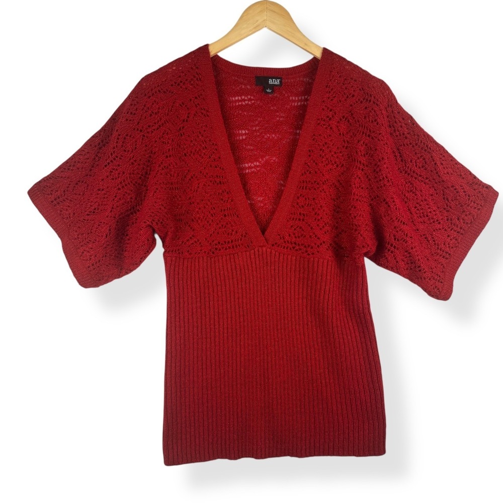 Red Crochet Sparkle Babydoll Knit Top Womens Size Large Festival Party Shimmer
